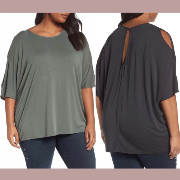 NWT Sejour [ PLUS SZ 2X‎ ] Cutout Sleeve Tee Top in Dark Olive Green - Picture 1 of 12